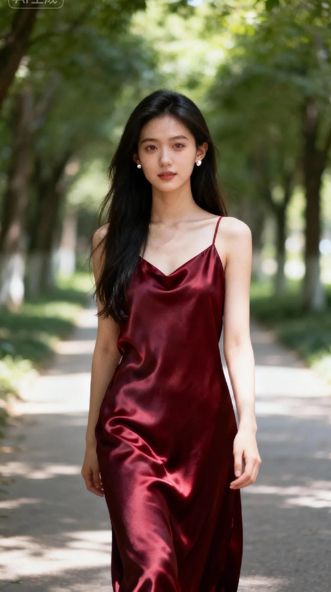 在盛夏的林荫道上，她如一抹绛红绸缎，于光影间优雅踱步。丝滑裙装衬出清冷气质，珍珠