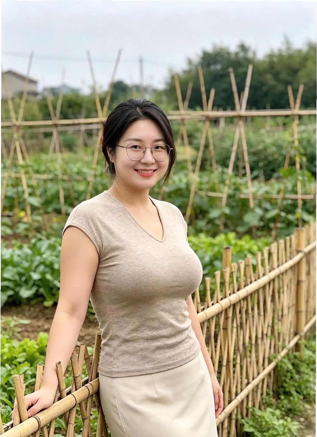 竹篱轻靠，笑意温温，

菜畦铺开一片绿意。

眼镜后头，目光清亮，

像刚浇过水