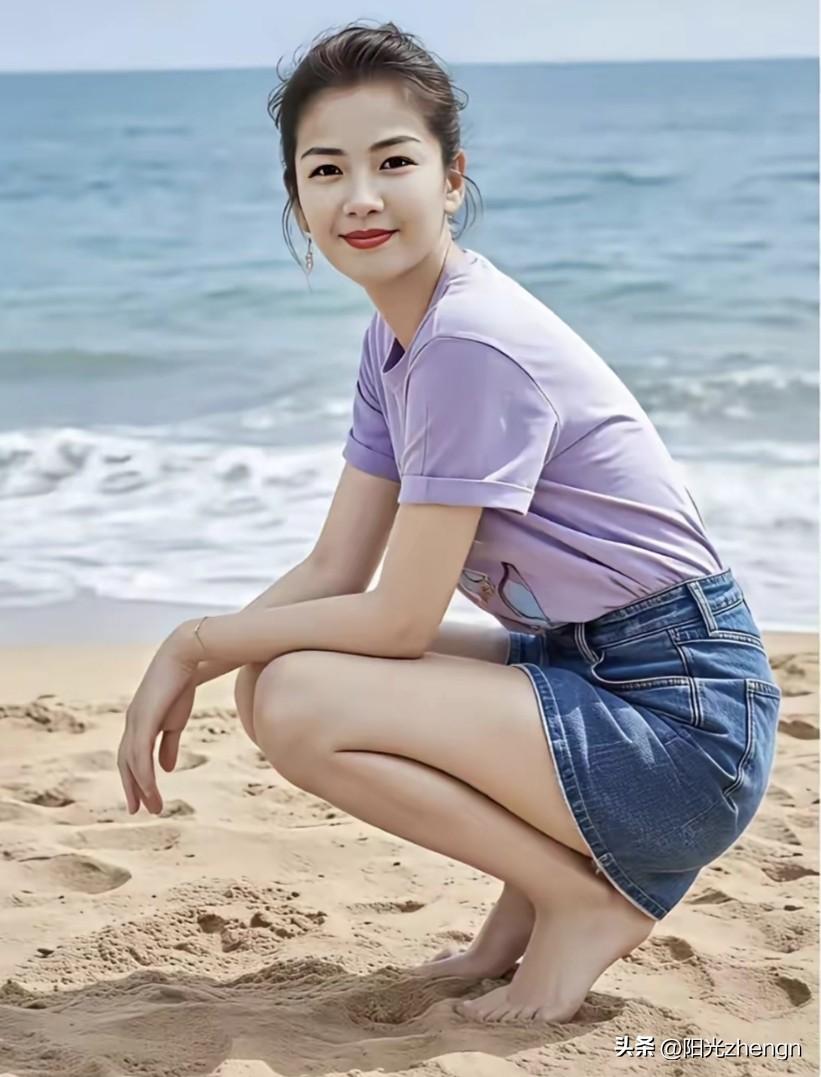 刘涛这张蹲在沙滩上的照片，真的太有少女感了！

浅紫色体恤配牛仔短裙，光着脚踩在