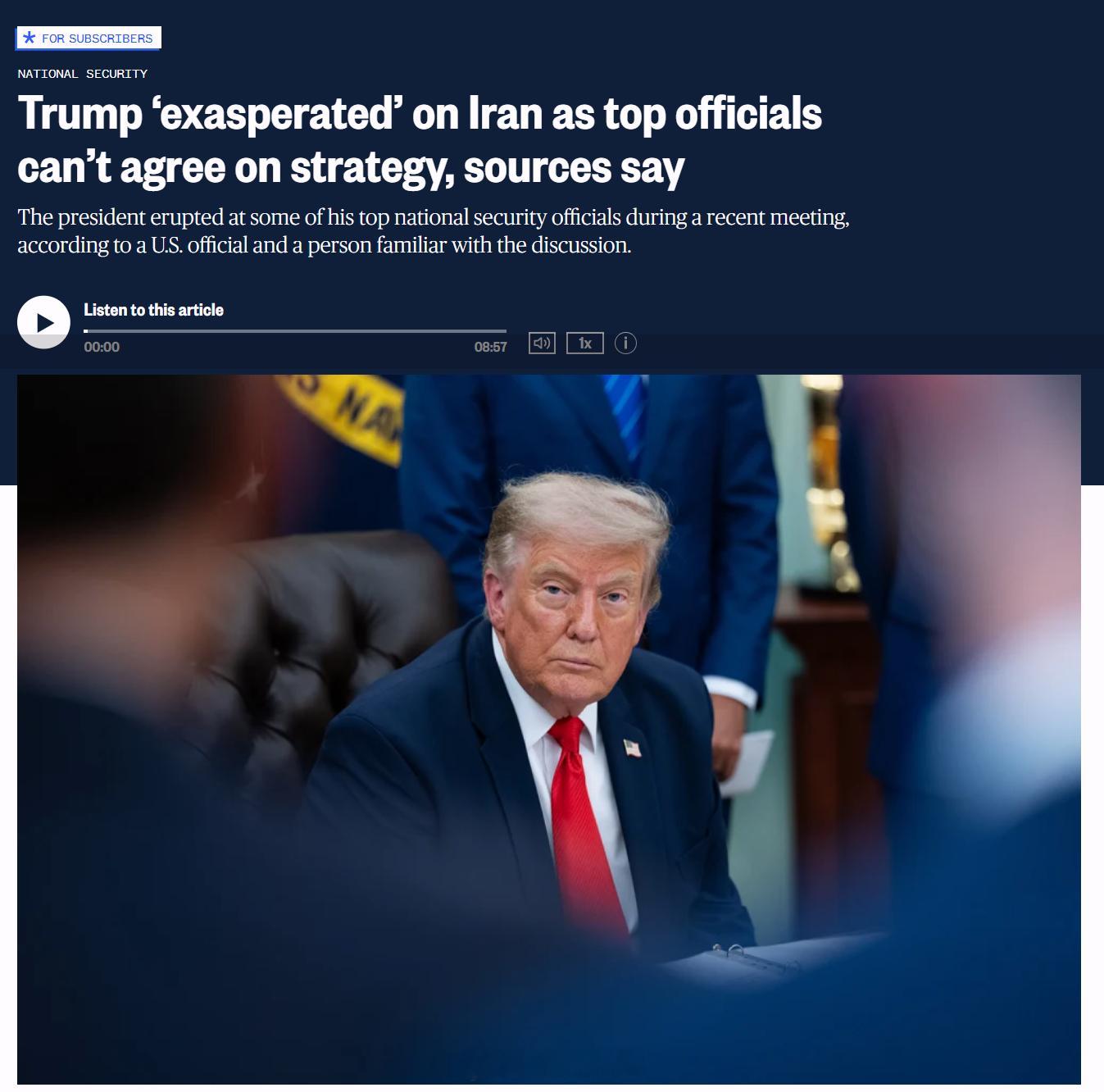 美国NBC报道，特朗普在一场安全会议上情绪失控、大发雷霆。由于摆在面前的军事方案