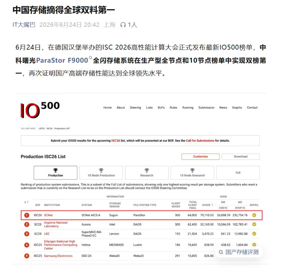 超算第一是“惊喜”，存储第一才是“底气”！
ISC 2026，中国科技界迎来两件