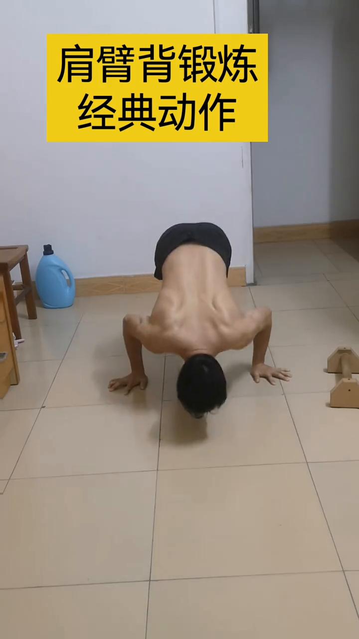 肩臂背锻炼经典动作。
徒手健身必备动作，每天搞三组，每组十五个，肩臂力量更强。