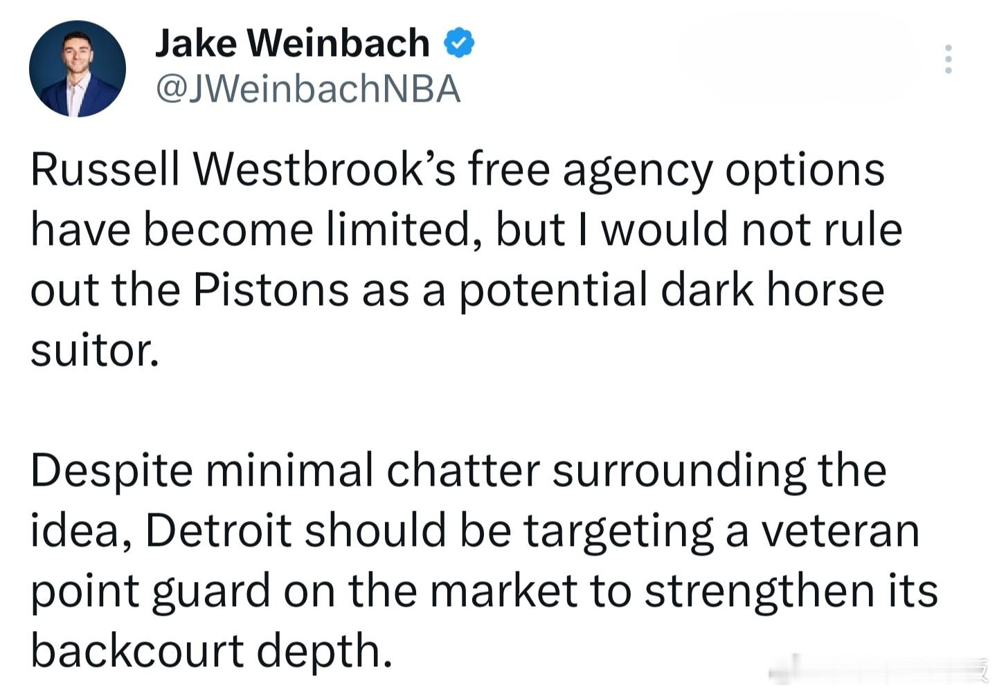Jake Weinbach: 威斯布鲁克在自由球员市场上的选择余地已经非常有限[