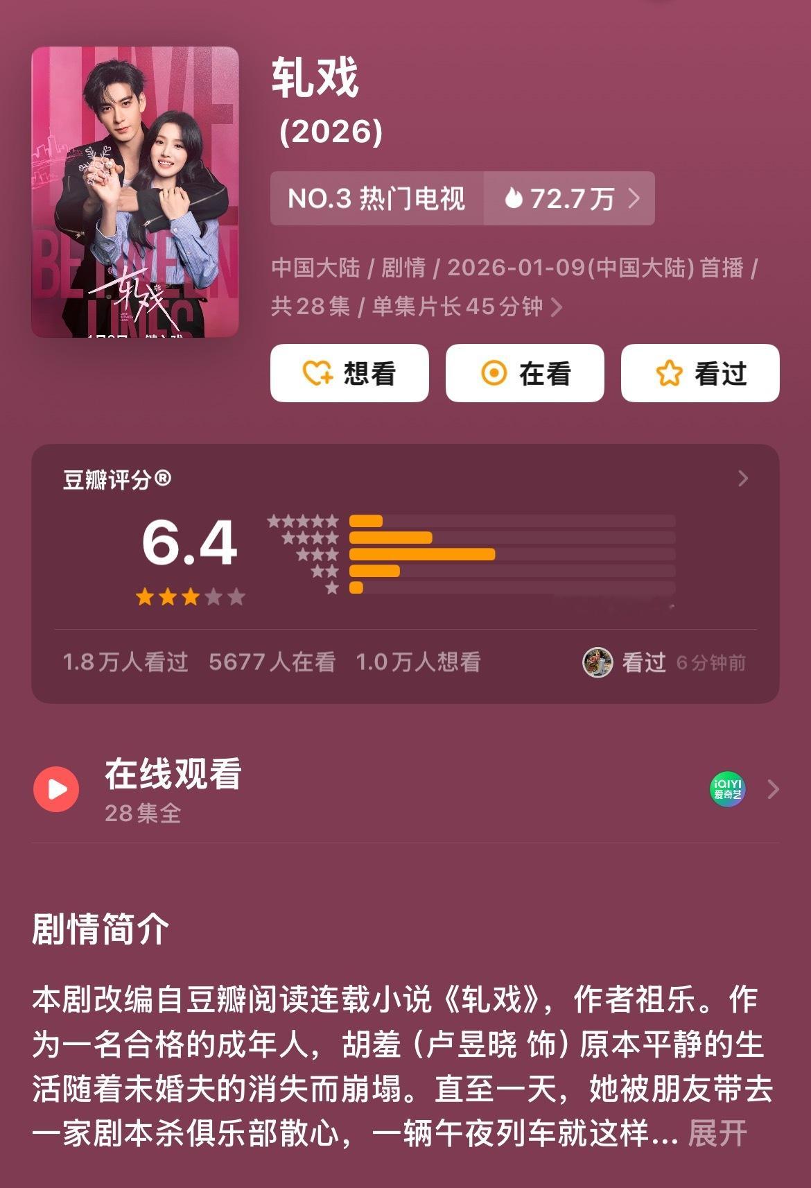 轧戏豆瓣开分6.4 领衔主演电视剧《轧戏》豆瓣开分6.4。据猫眼专业版数据，截至