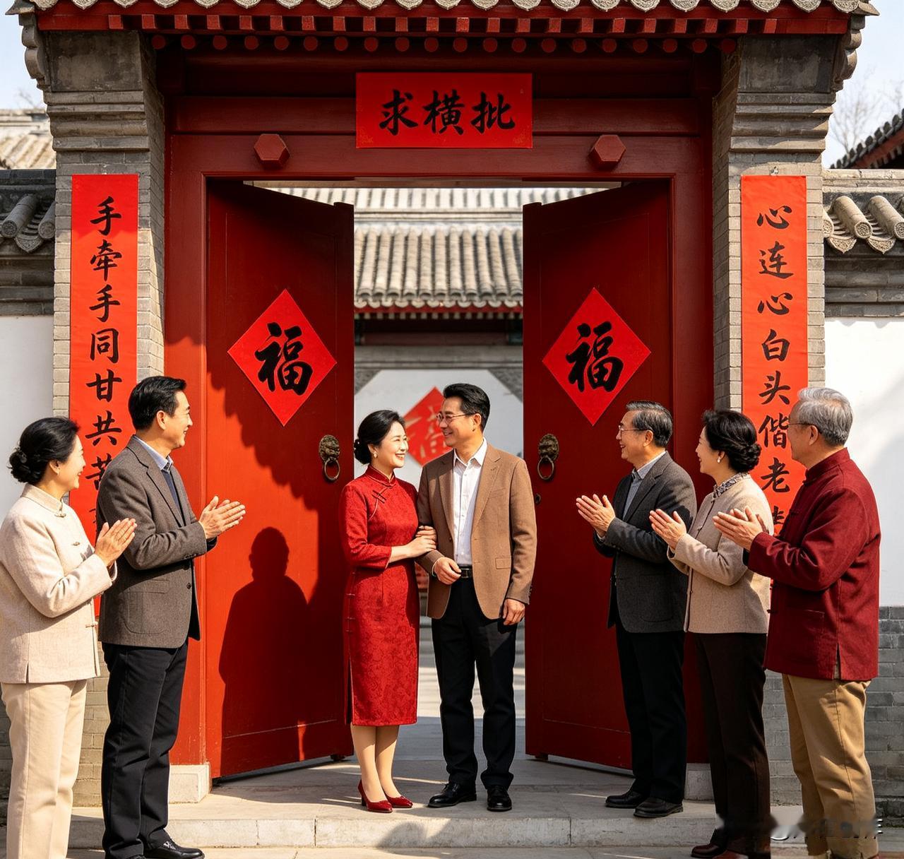 这里相伴相守的对联温情满满，上联写二人携手共渡风雨，下联诉心意相通相伴到老，横批