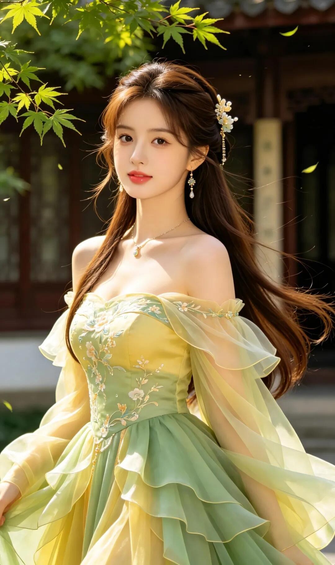 梦幻古风少女，绿意盎然，花枝招展，唯美动人。