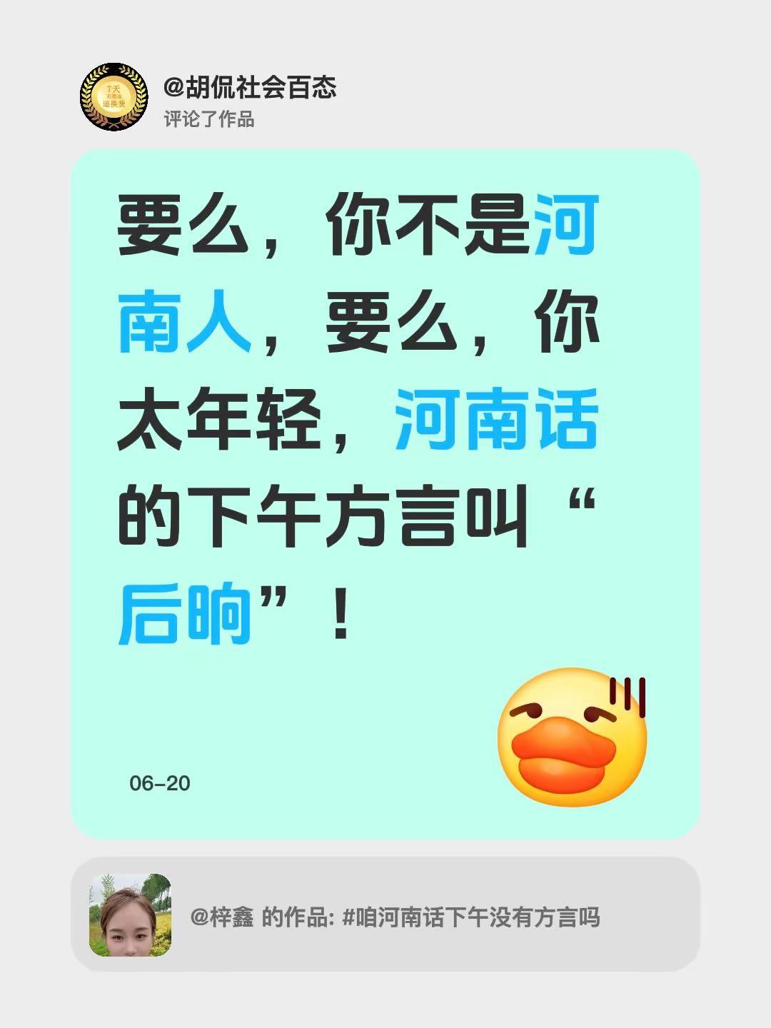 我评论了@梓鑫 的作品：要么，你不是河南人，要么，你太年轻，河南话的下午方言叫“
