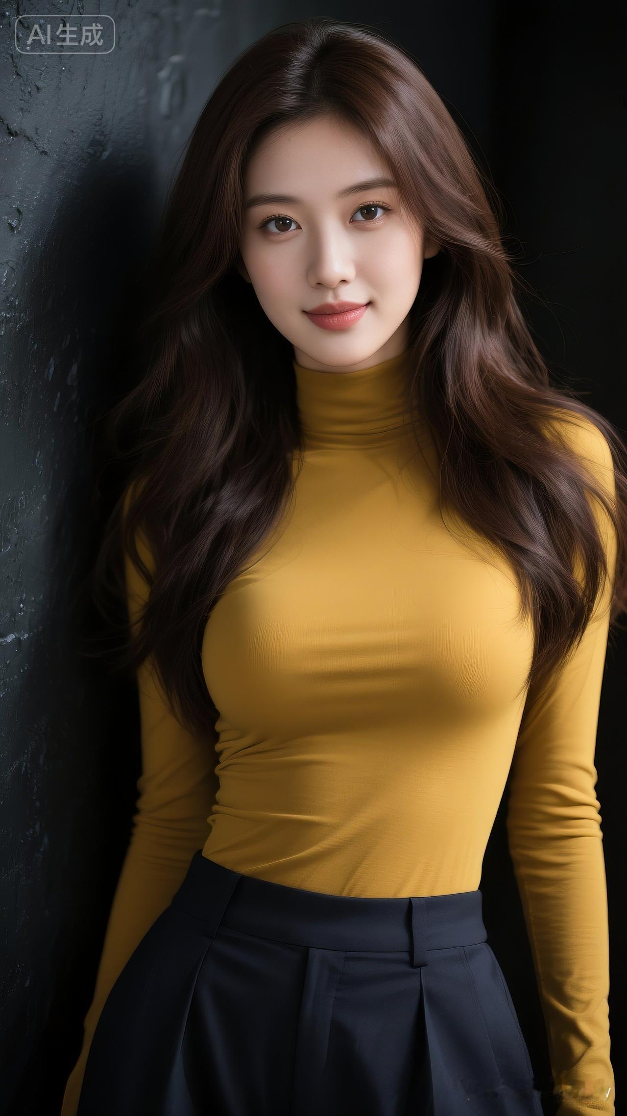 优雅气质，黄色高领衫与黑色裙子的完美搭配，尽显时尚魅力！💃🏻✨