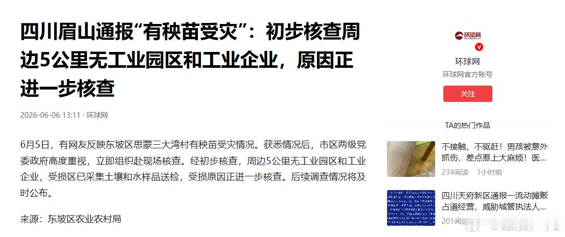 关于东坡区思蒙镇三大湾村秧苗受损情况的通报 环球网：四川眉山通报“有秧苗受灾”：