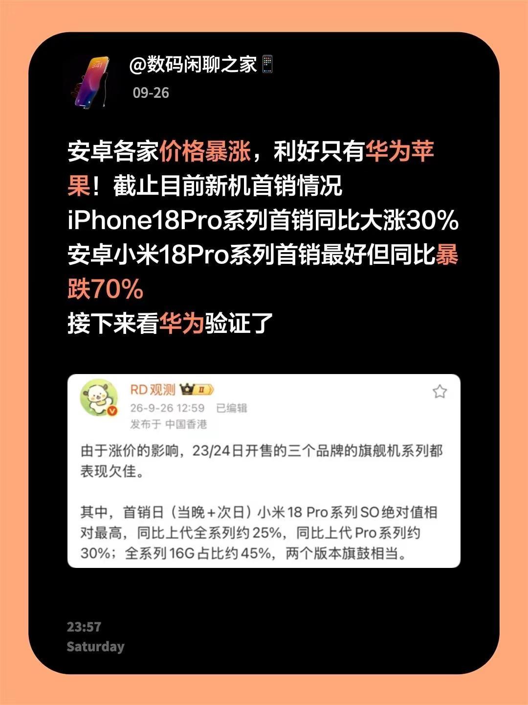 安卓各家价格暴涨，利好只有华为苹果！截止目前新机首销情况iPhone18Pro系