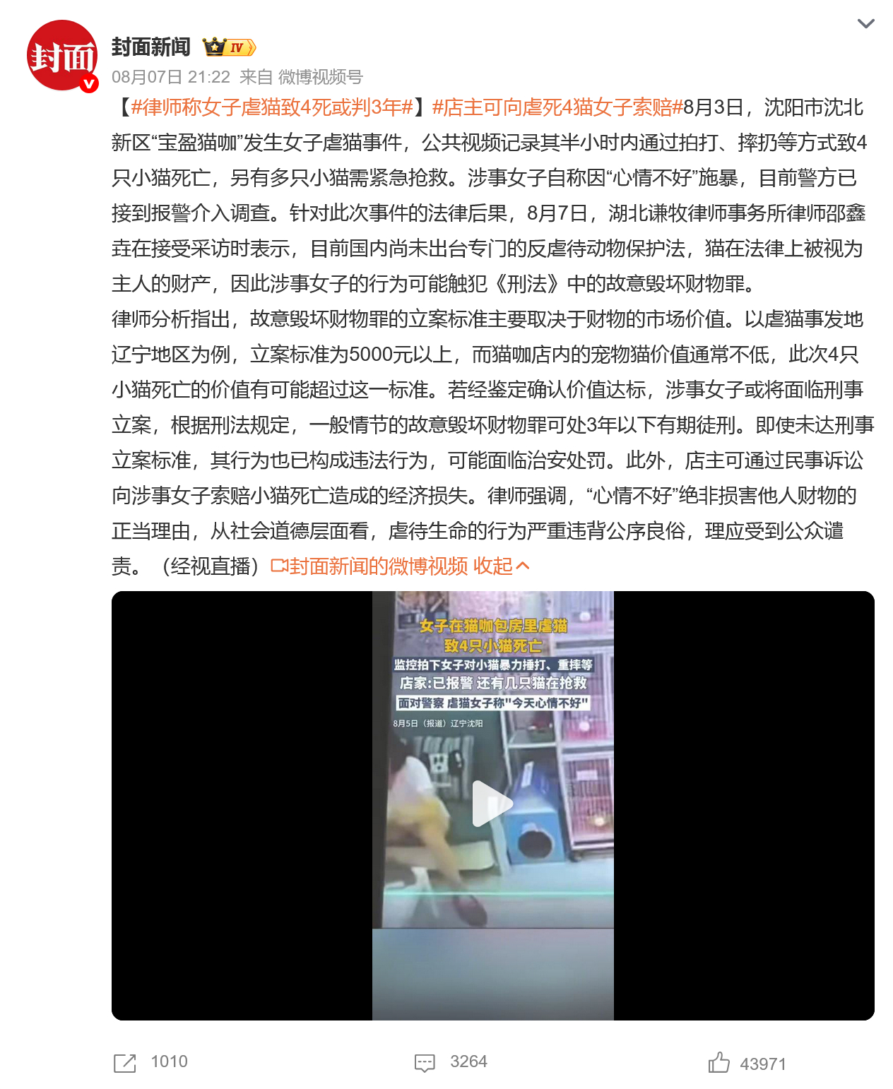 律师称女子虐猫致4死或判3年 平时是应该多看点时政新闻的。[达咩] ​​​