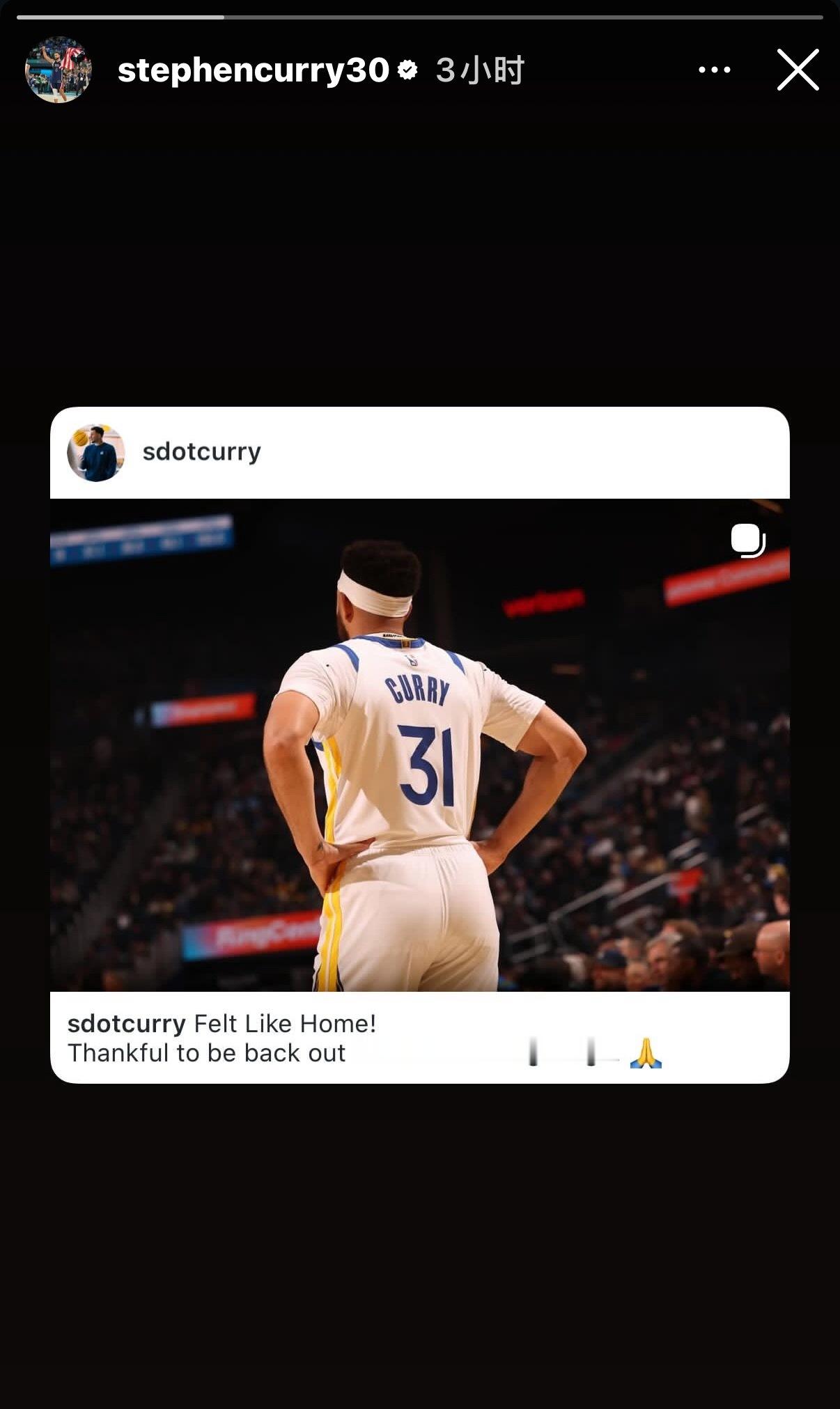 赛斯更新IG：“感觉就像是回到了熟悉的家一样，很感激能再次站在这片球场”随后库里