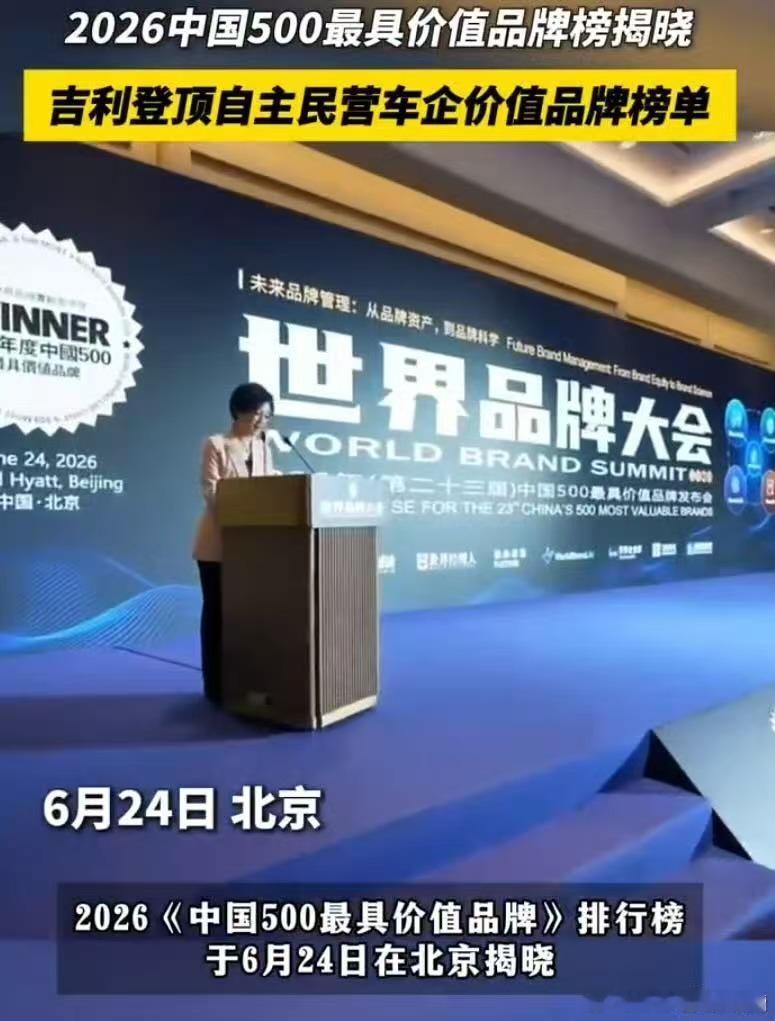 吉利居自主民营车企价值品牌榜首2026中国500最具价值品牌大会揭晓榜单，浙企4