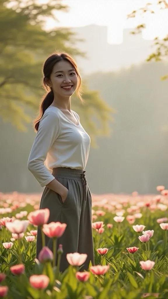 阳光洒落花田，与浪漫不期而遇。微风轻拂，郁金香摇曳生姿，仿佛置身画卷。生活的诗意