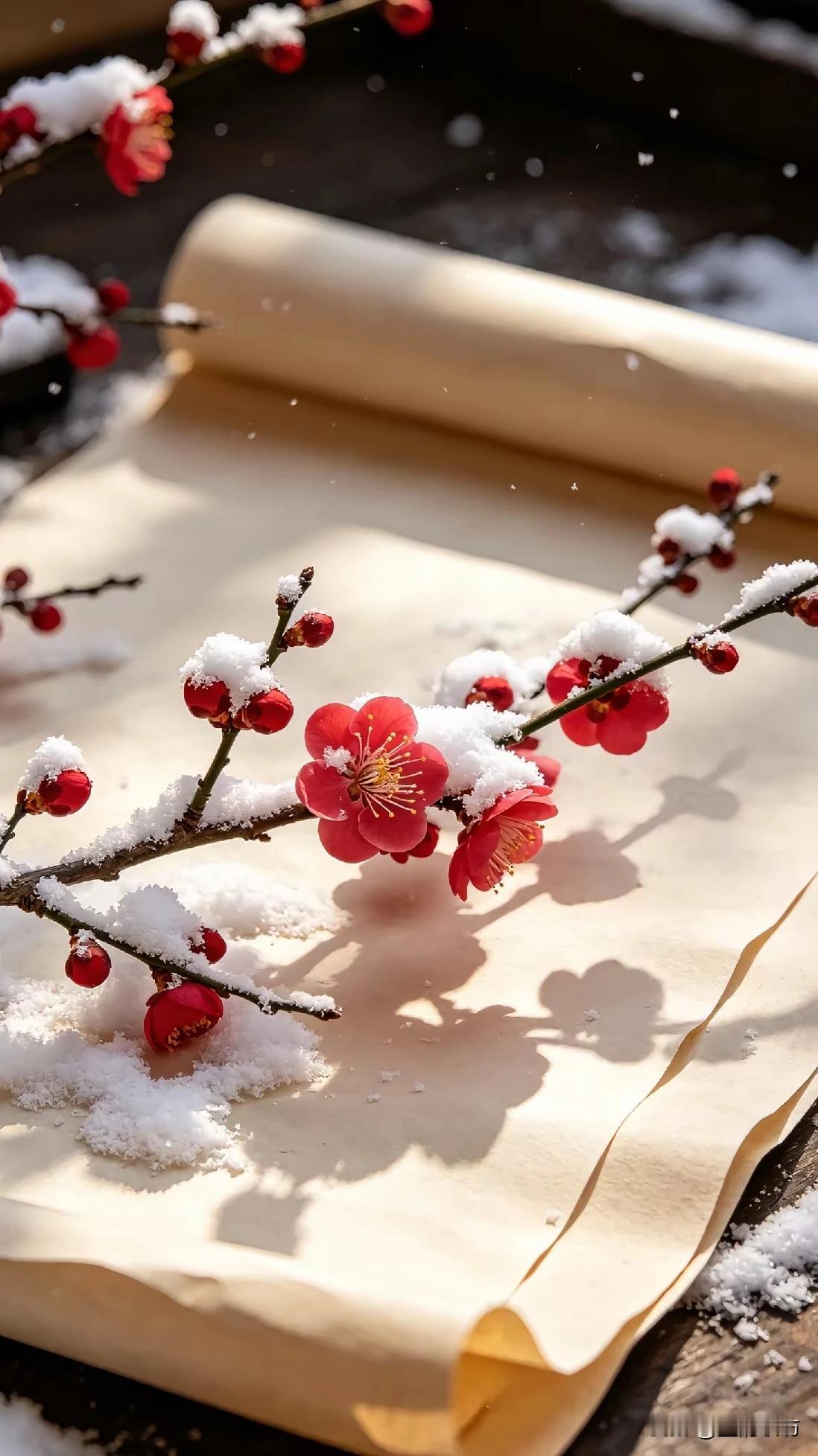 上联：红梅映雪铺宣纸，
下联：疏影横斜大写意。