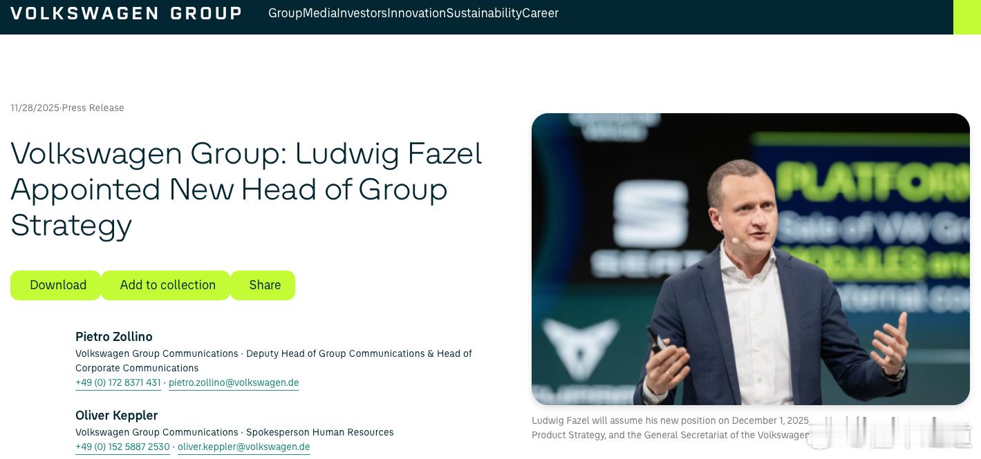 懂车之道讯 懂车之道快讯，当地时间11月28日，大众汽车集团发表声明称，自202
