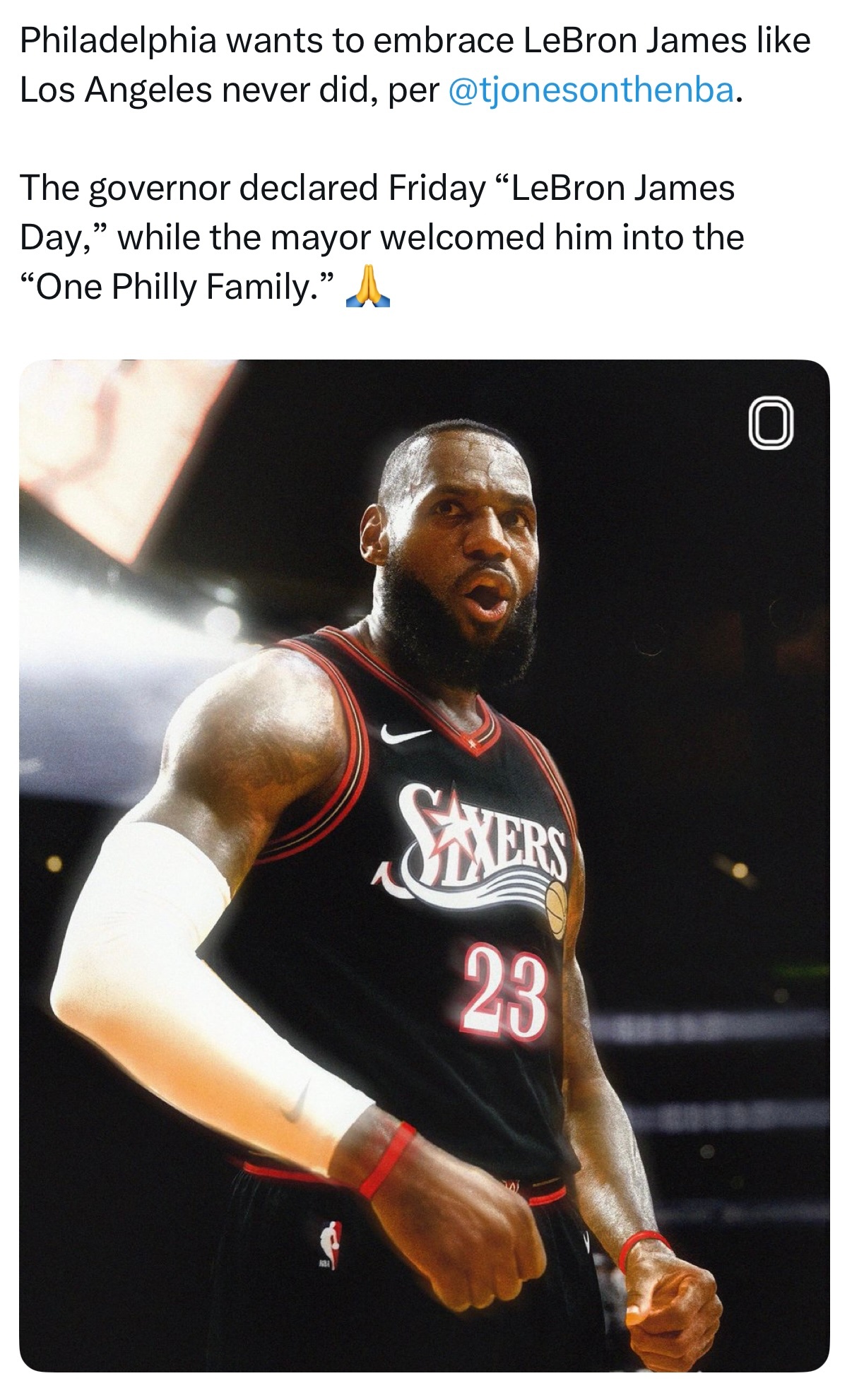 76人记者Tony Jones：费城想要给予勒布朗·詹姆斯前所未有的礼遇，这是洛