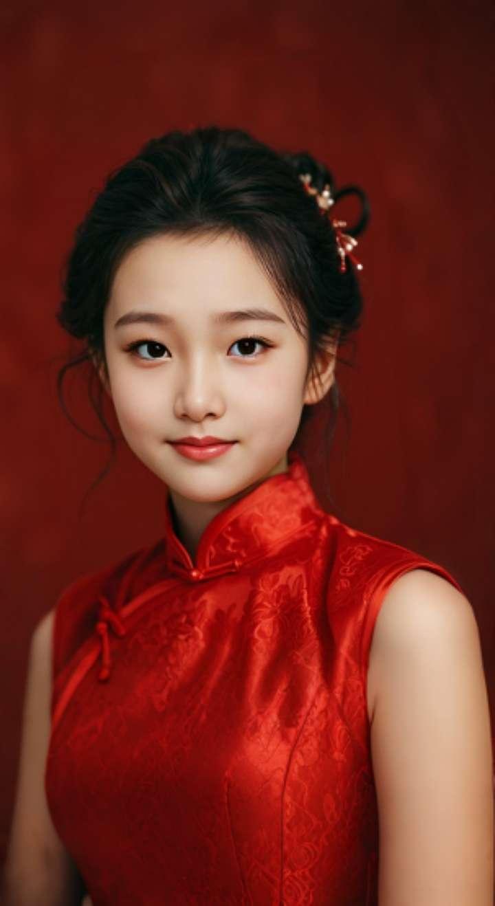 AI扩图 AI红裙浅笑