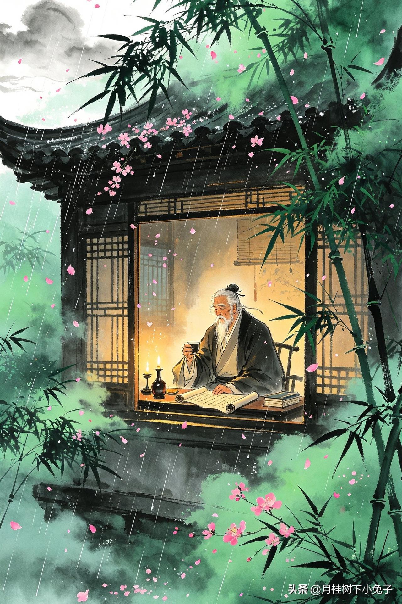 少时壮志可凌云，
老去唯余酒半醺。
夜半忽闻风雨急，
       
…………请
