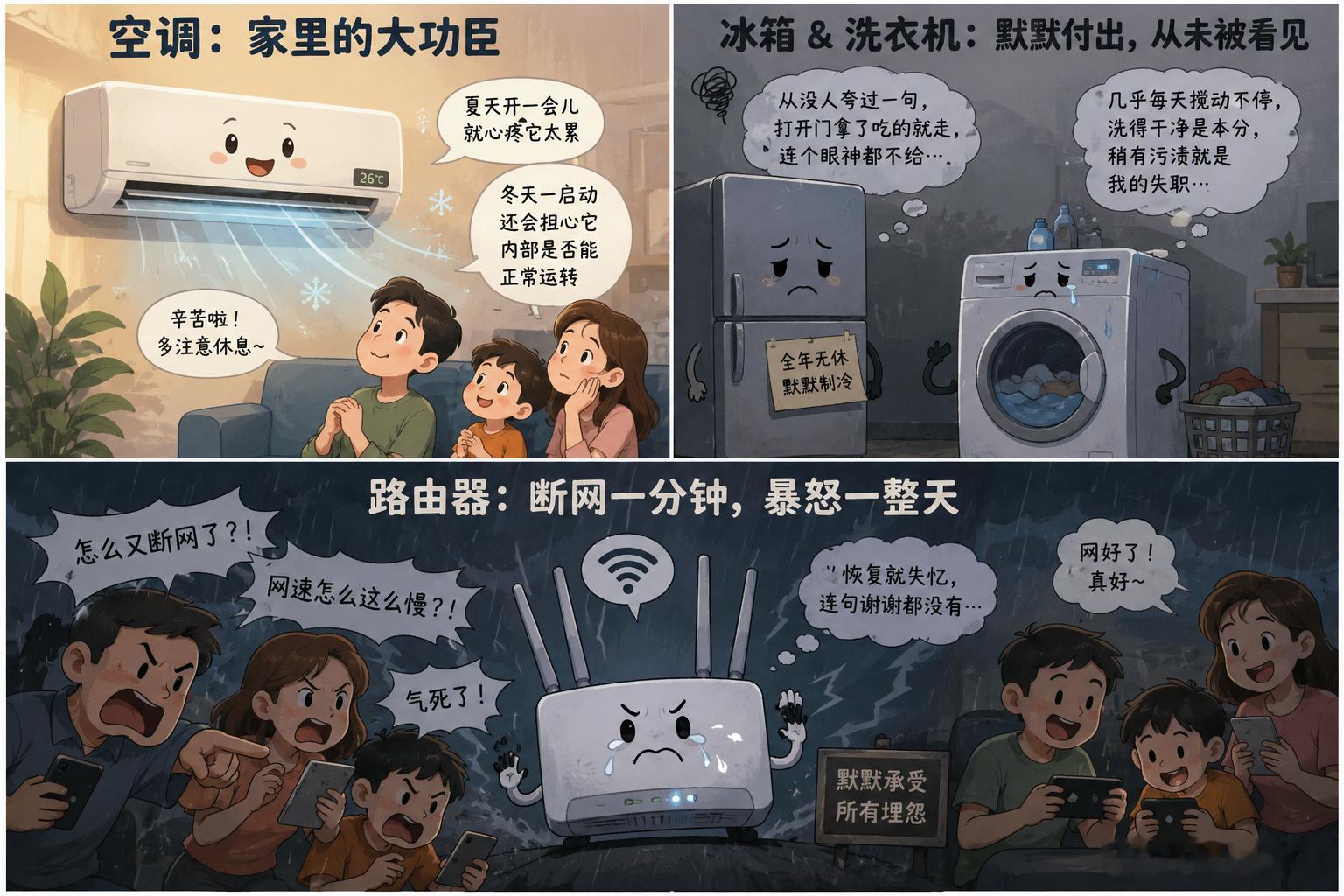 人类对空调和其他家电有多双标当代人对家电的双标，简直能把冰箱气到不制冷，路由器直