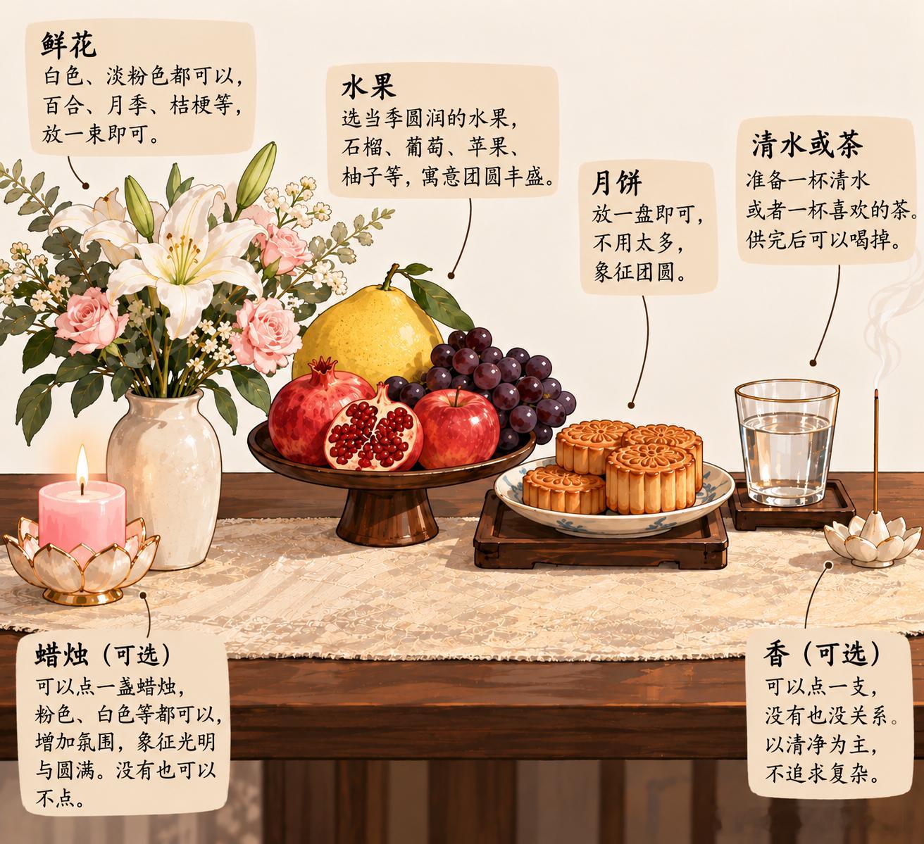 今天晚上如果天气允许，可以简单拜月。不用准备得特别复杂，找一个能看见月亮的地方，