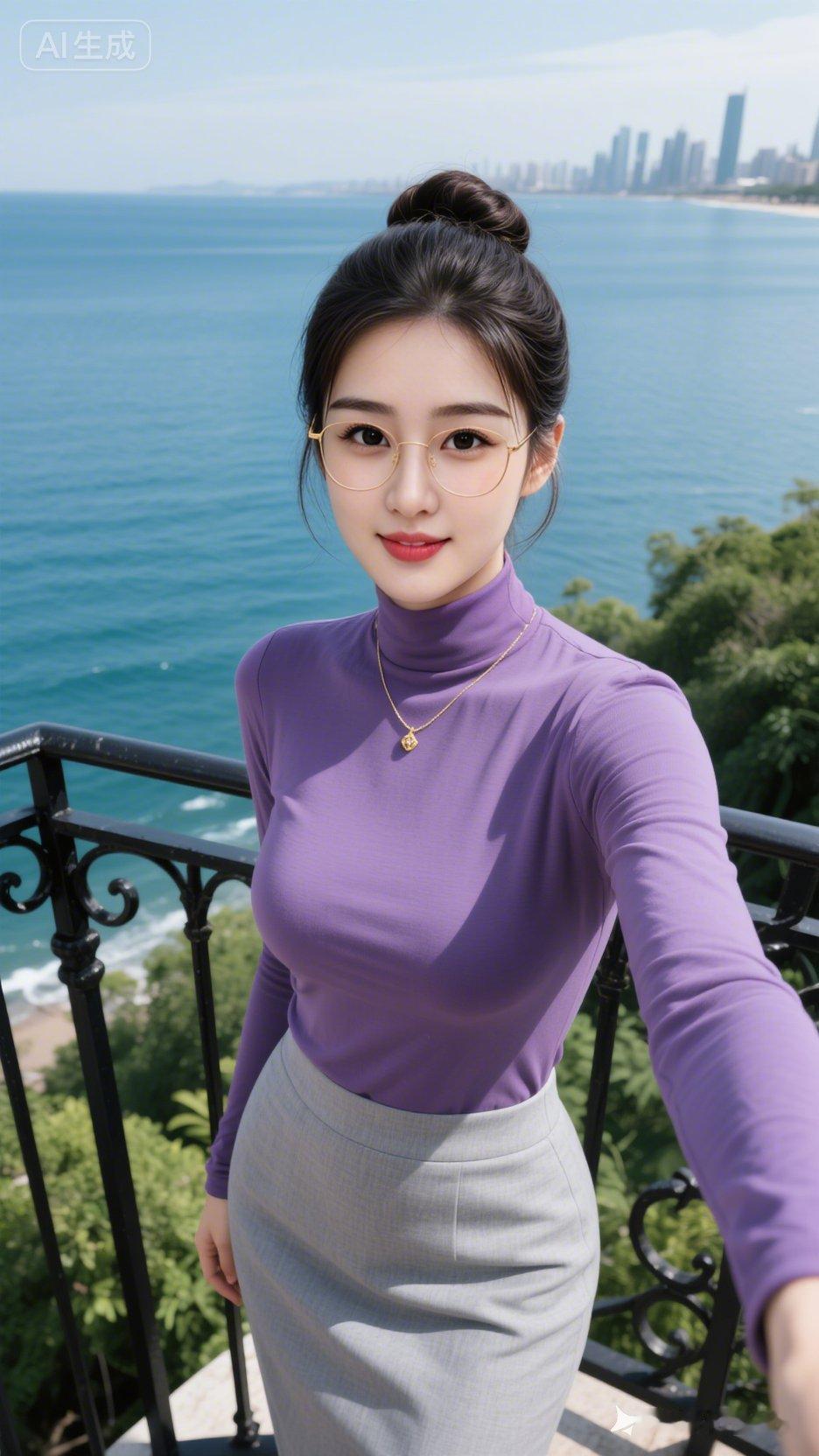金丝眼镜精致网红少女，冷白通透肌肤，紫半高领上衣配灰短裙，倚黑栏杆望碧海白帆，远