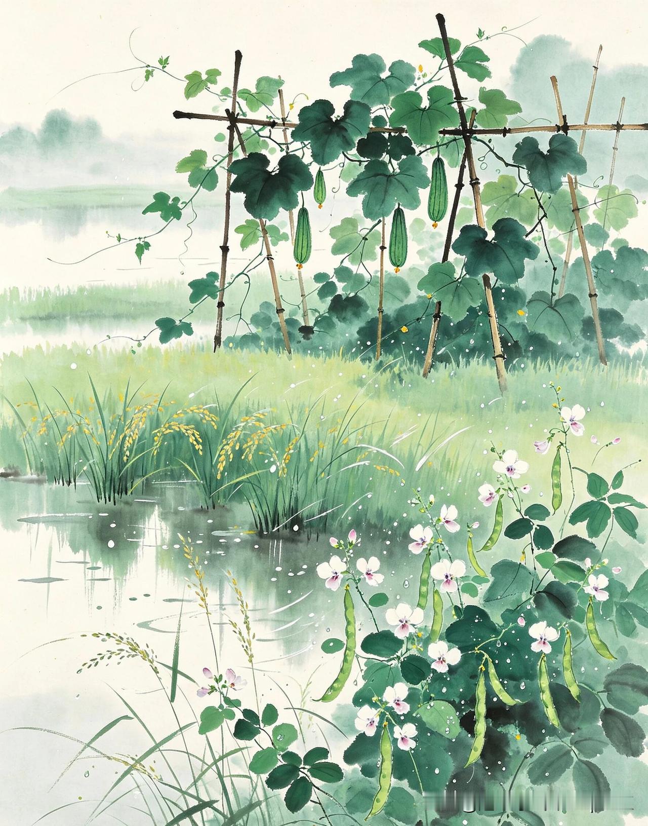 《 夏至过东市二绝·其二》
——宋·洪咨夔
涨落平溪水见沙，
绿阴两岸市人家。