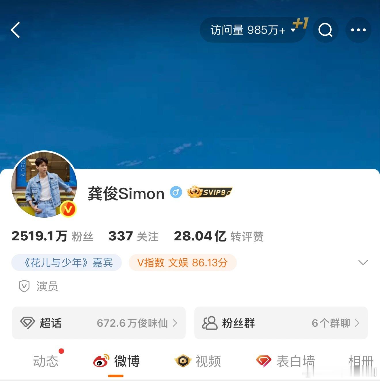 龚俊是《花儿与少年同心季》节目和本季时装周主页访问量最高的艺人，接近千万访问量，