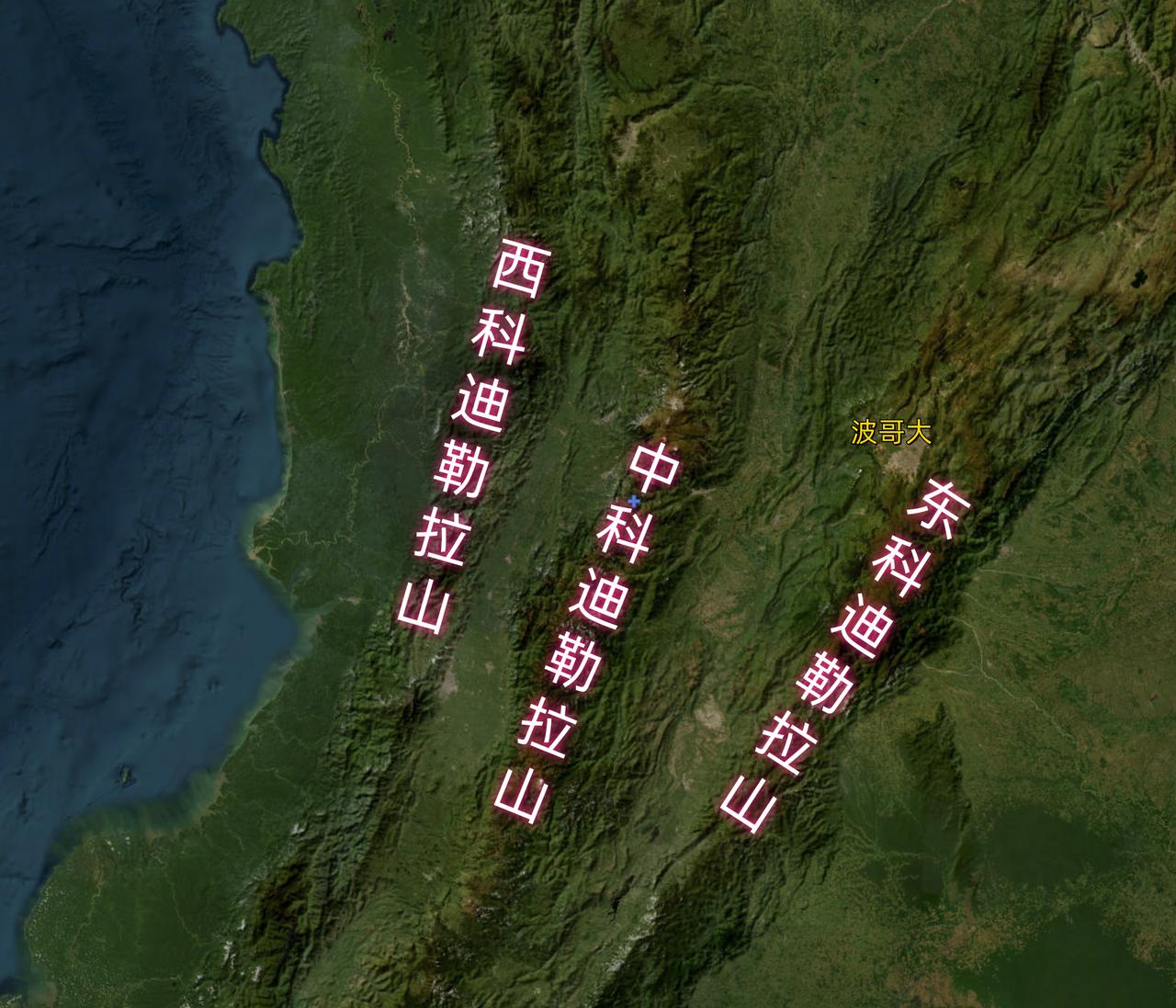 南美洲国家哥伦比亚有3大山脉，名字成对：东科迪勒拉山、中科迪勒拉山、西科迪勒拉山
