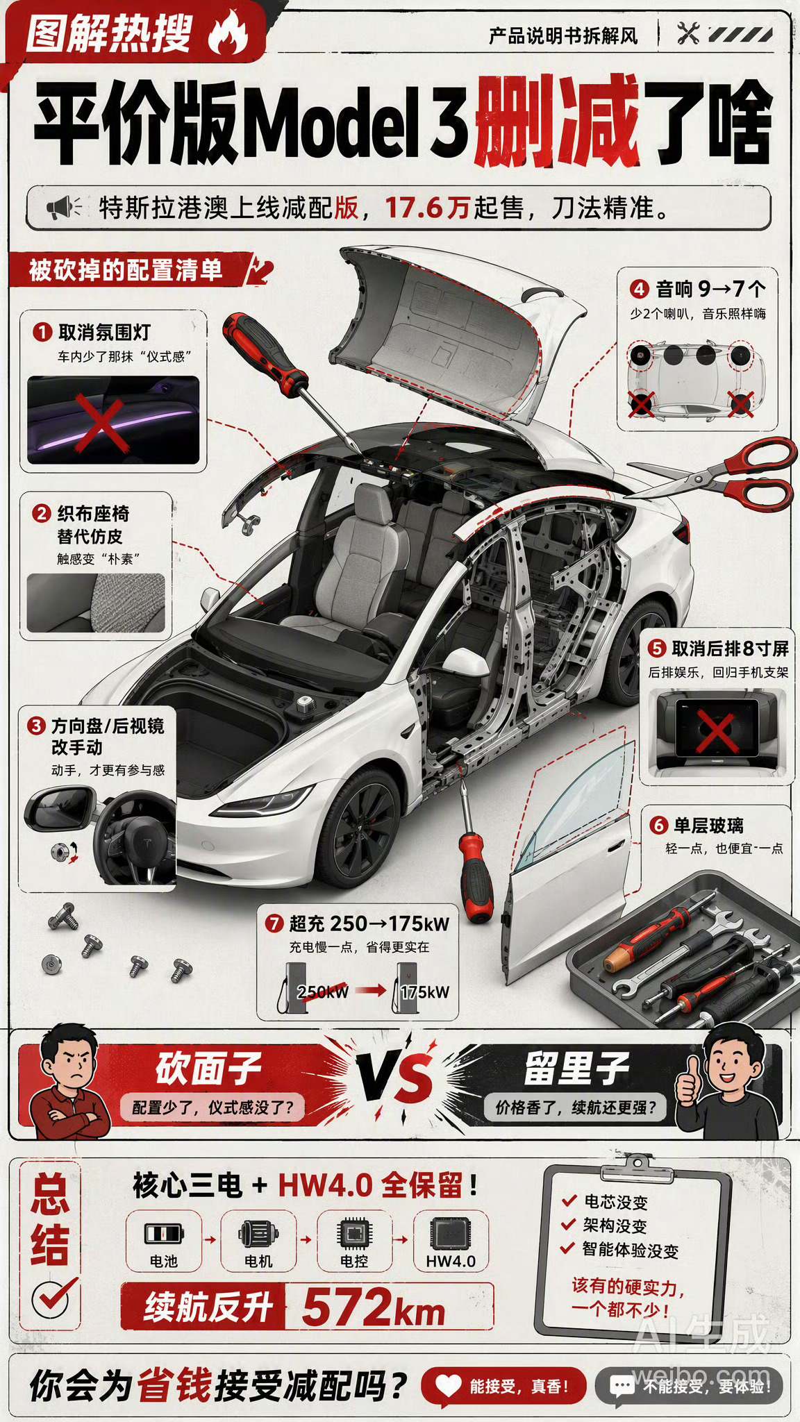 平价版Model3删减了啥这张图很直观，廉价版model3相当于就是一个纯粹的交