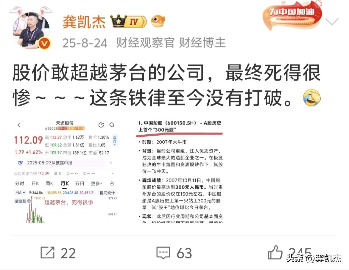 股价敢超越茅台的公司，最终死得很惨~~~这条铁律依旧没有打破。。。[笑哭]