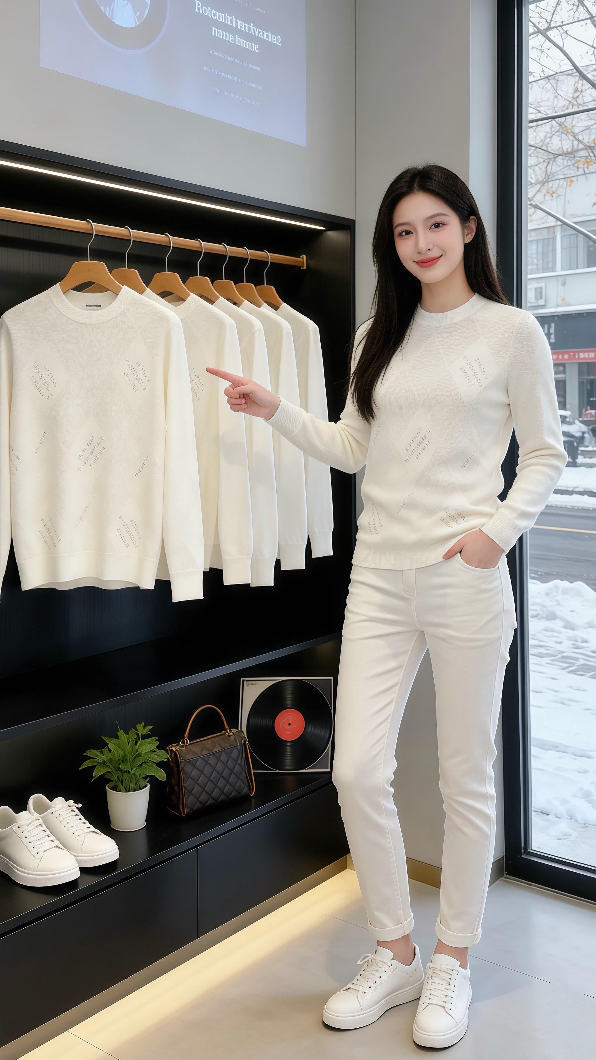 雪映清灵  北城的雪沫飘在男装店的落地窗上，暖灯将龟背竹的影揉在深灰地...