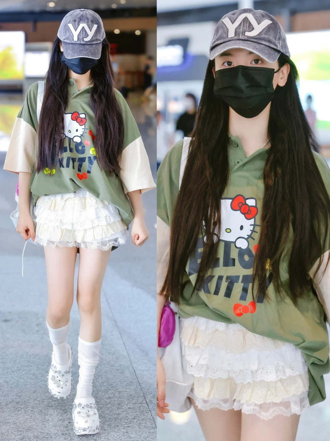 杨超越今日机场私服，这件迷你短裙很可爱