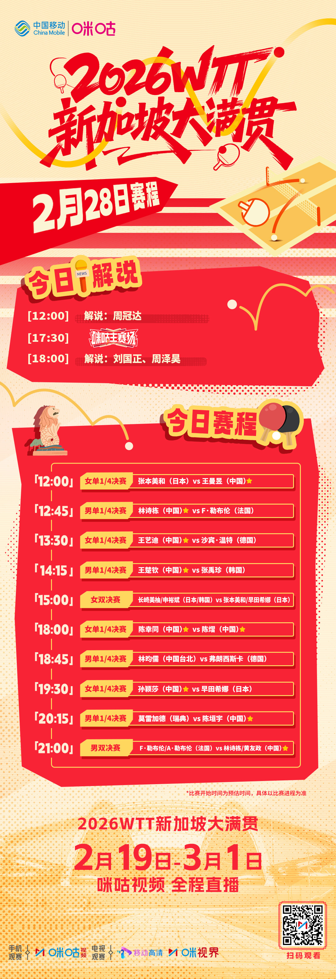 2026WTT新加坡大满贯 正赛Day7️⃣🏓 中国队多人冲击单打半决赛🔥 