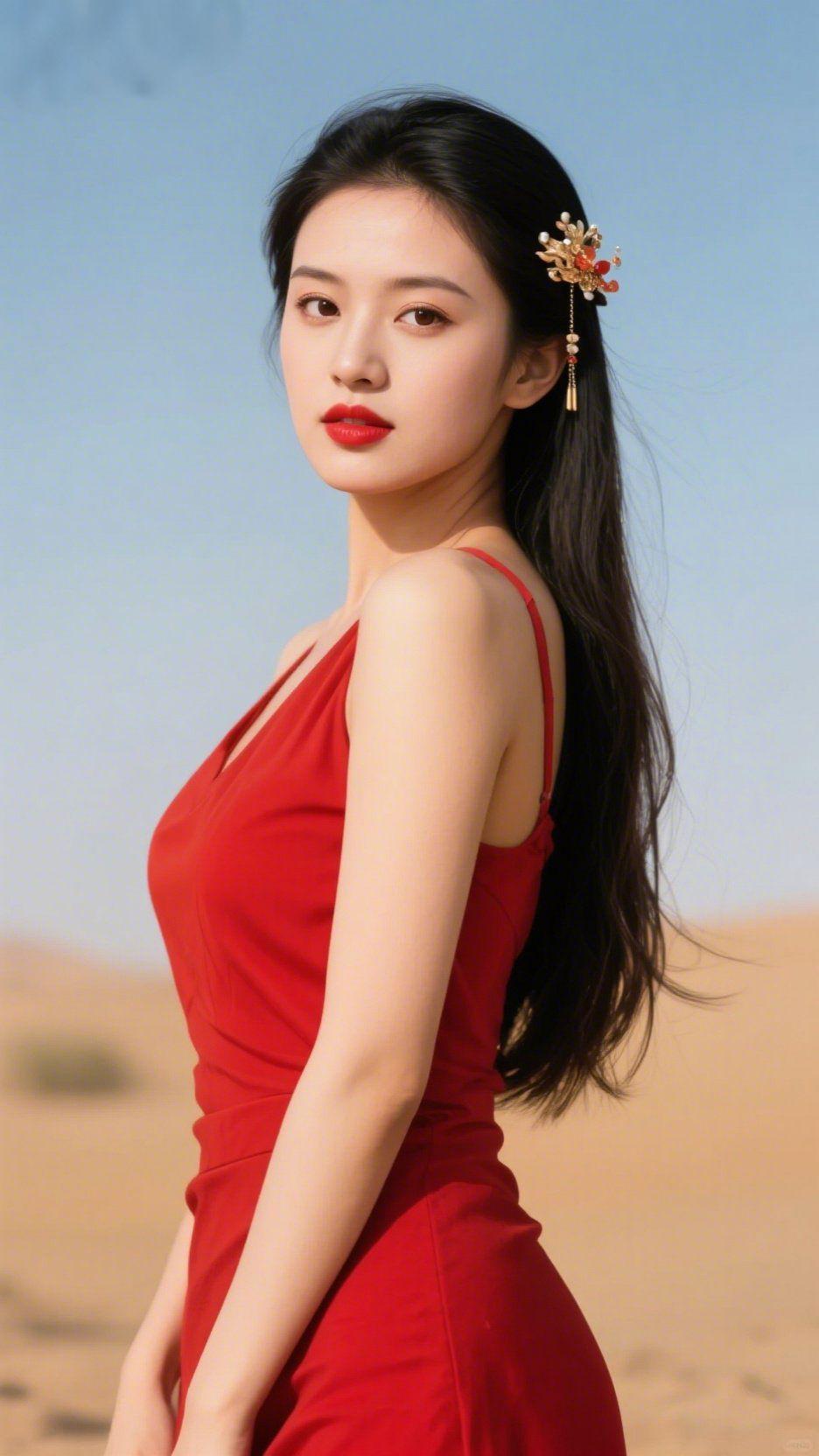 赤焰染沙丘
 
大漠的风揉碎了长空的蓝，沙丘连绵成温柔的浪，一袭红裙似燃在沙海的