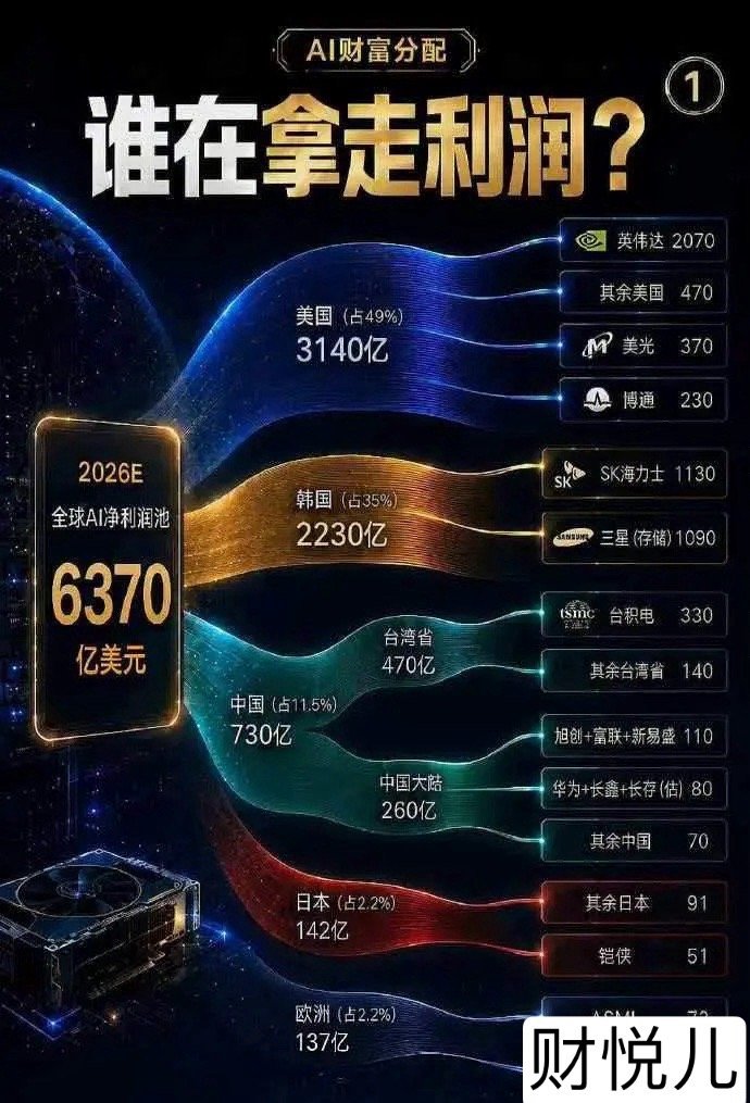 看到一个统计，2026年全球AI利润分配：总共6370亿美元，美国占49%、韩国
