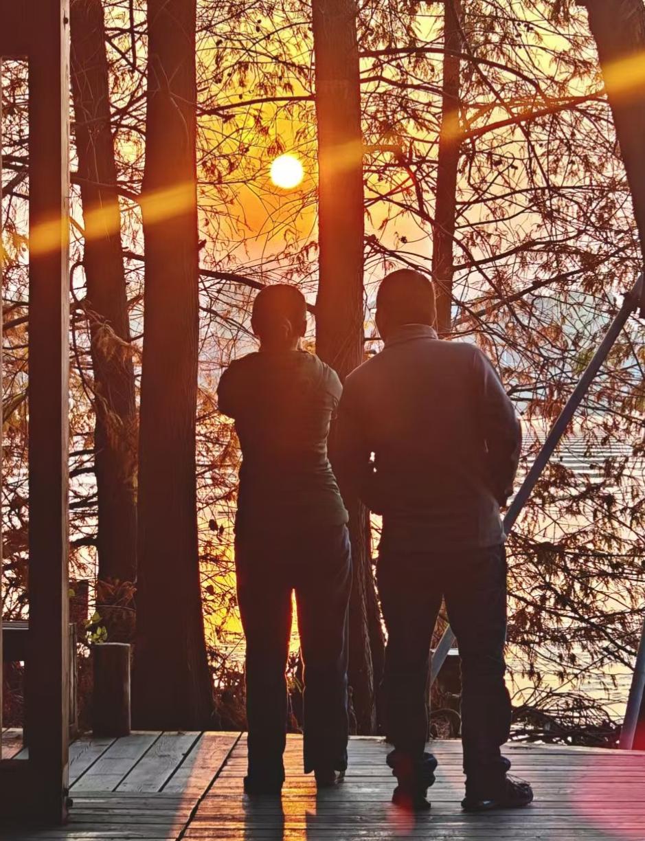 晚风把落日揉进湖面，枝桠牵着碎金摇晃，连空气都浸成了暖橘色的糖。
落日把桥杆作了