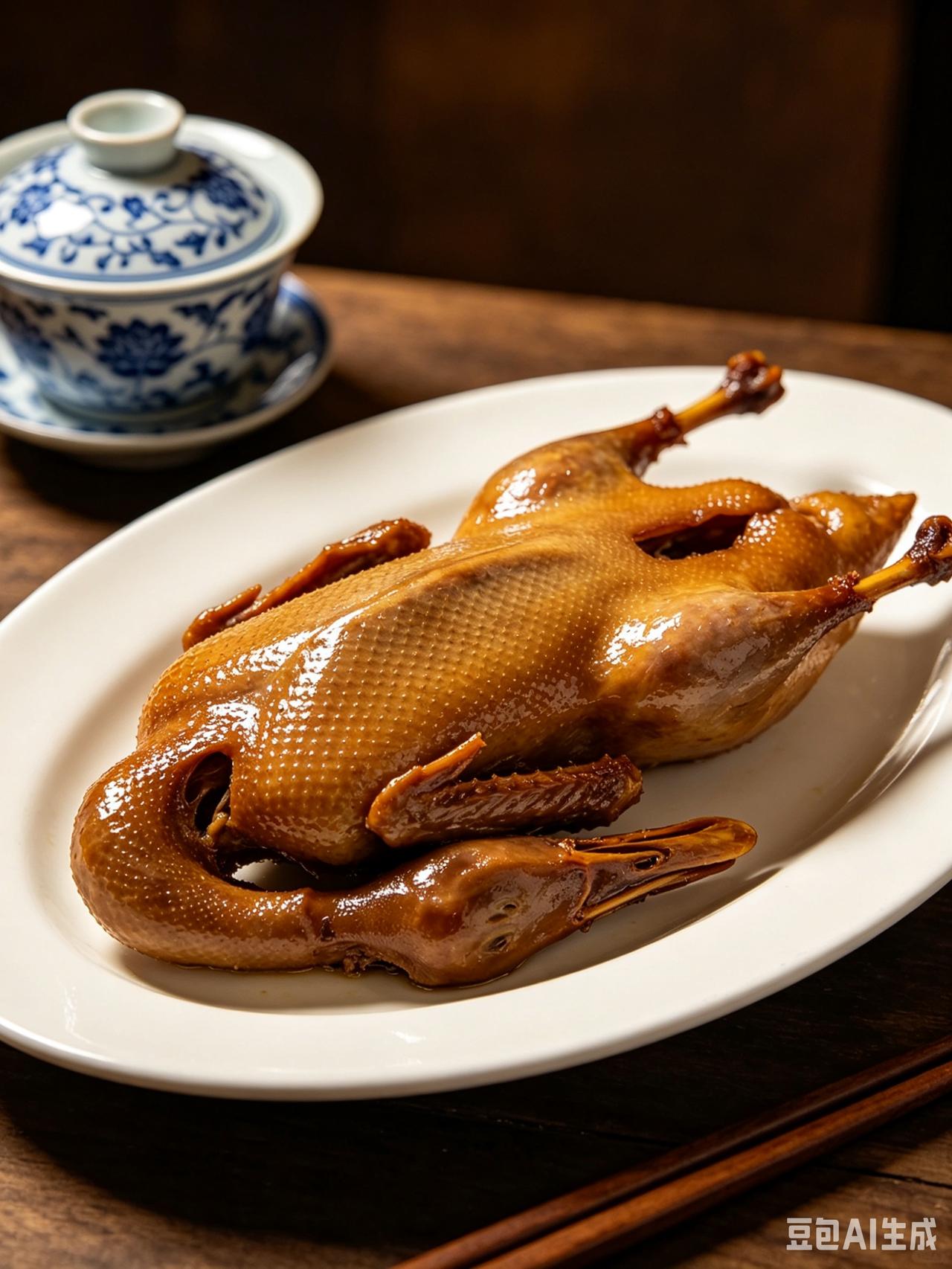 这张照片拍得太有食欲了！经典的卤鸭，看它油润红亮的色泽，非常符合麻油鸭或者酱鸭的