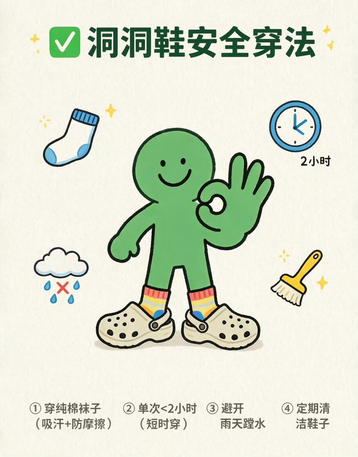 医生提醒洞洞鞋不要长期穿平时出门取个快递，吃个午饭穿是可以的，一整天外出的话还是
