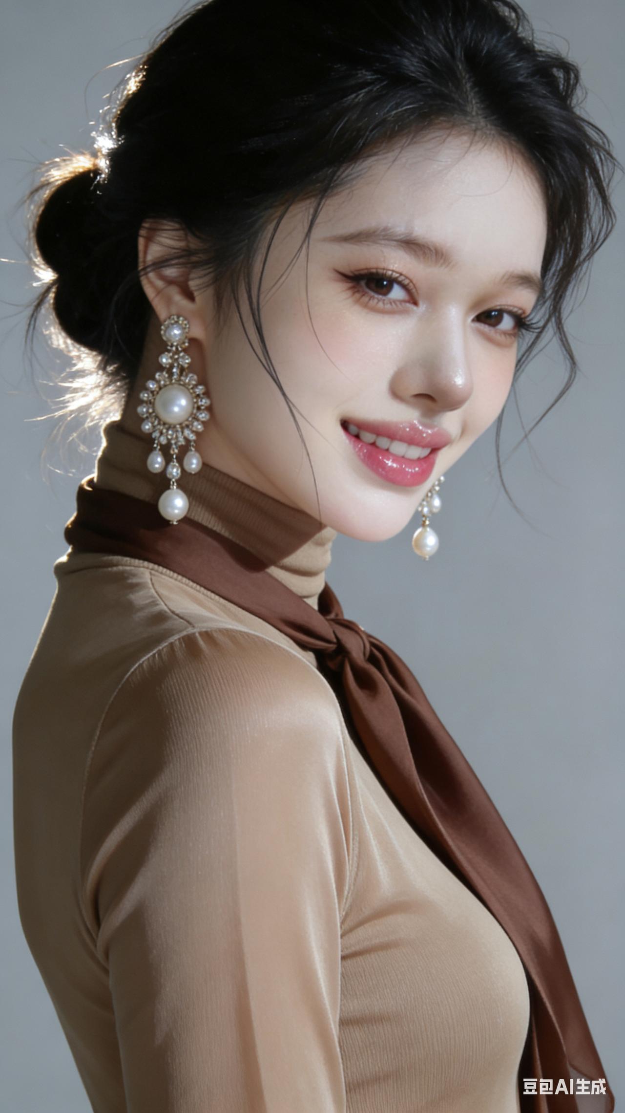 绝色佳人肤白貌美，气质优雅端庄，身材优美丰润。浅玫红唇，妆容明艳，着卡其色紧身丝