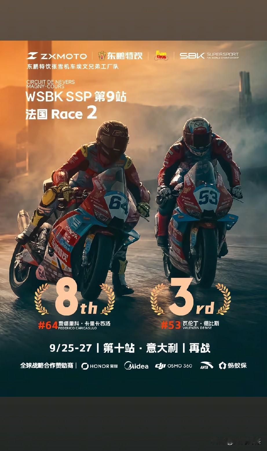 张雪机车在9月6日他法国站比赛中，53号车手和64号车手分别获得第三名和第八名成