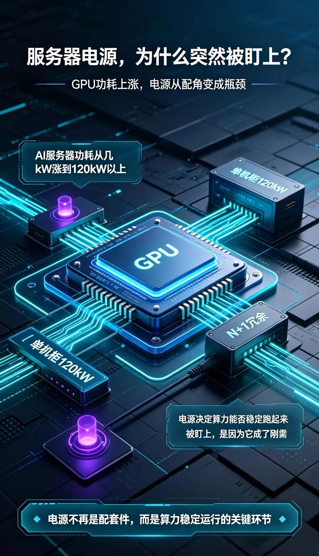 服务器电源，为什么突然被盯上？
AI服务器功耗从几kW涨到120kW以上，电源从