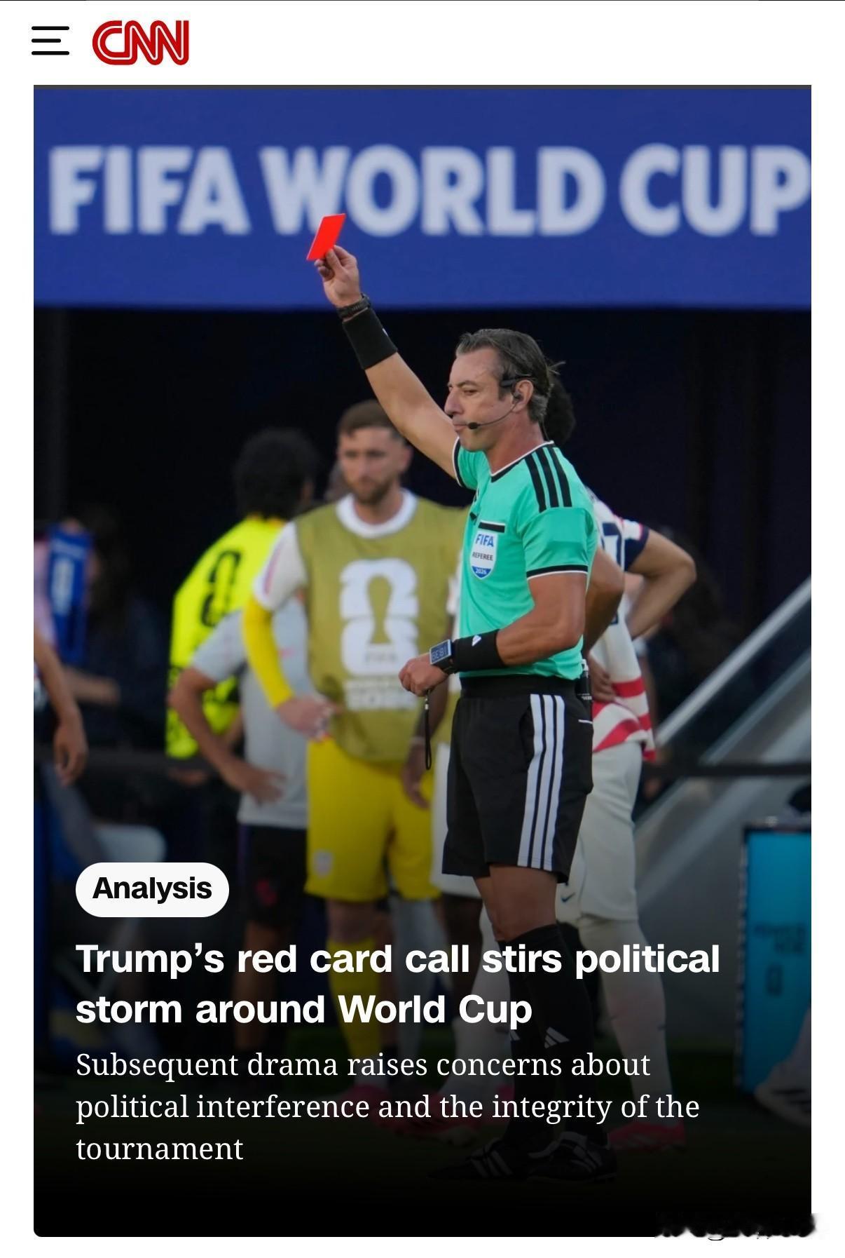 川普跟FIFA主席电话沟通后，FIFA取消了对美国足球运动员红牌的禁赛令，引发了