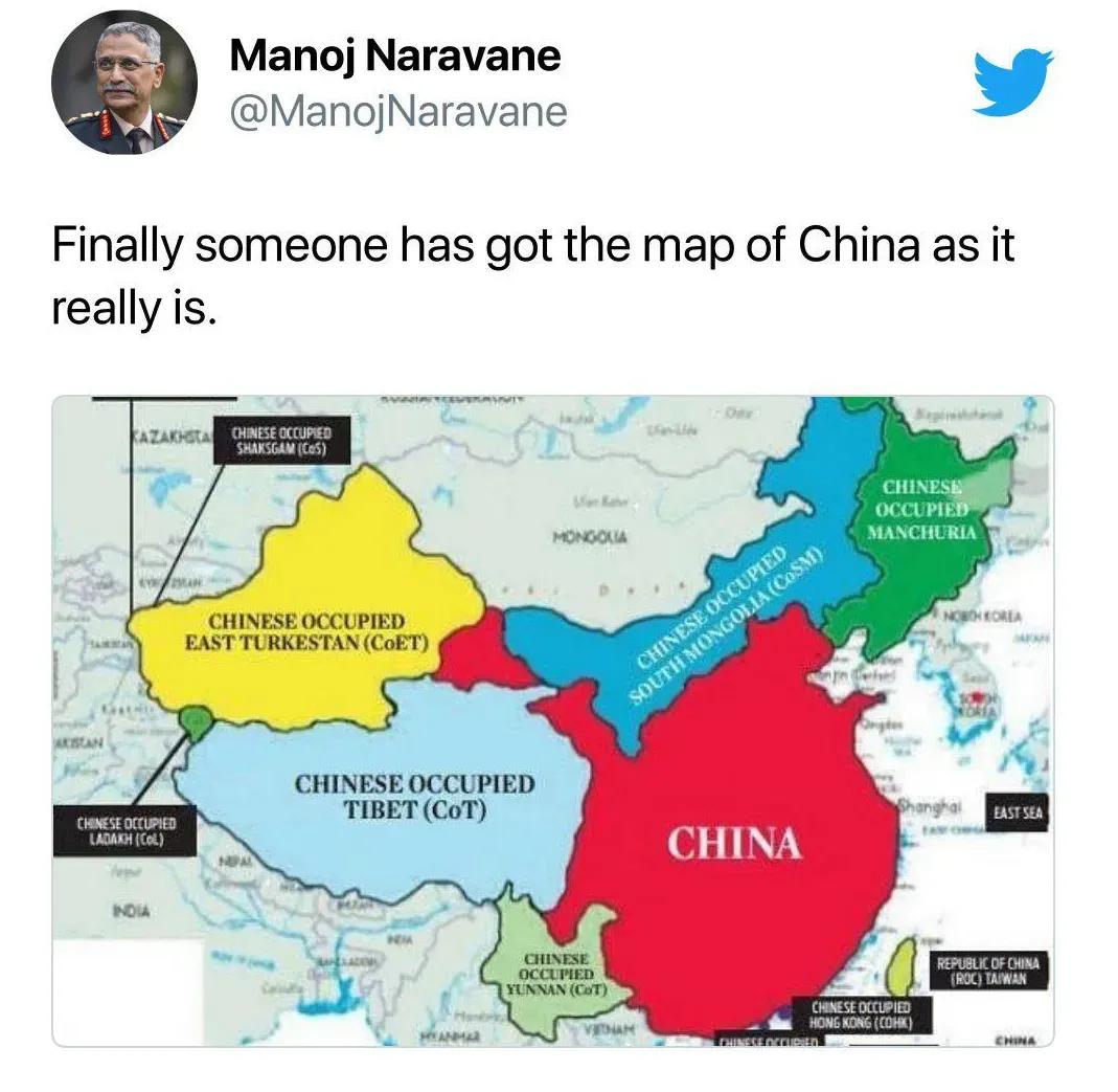 印度阿三的陆军参谋长马诺杰·纳拉瓦内这两天有点飘了，他发个人媒体揶揄中国应四分五