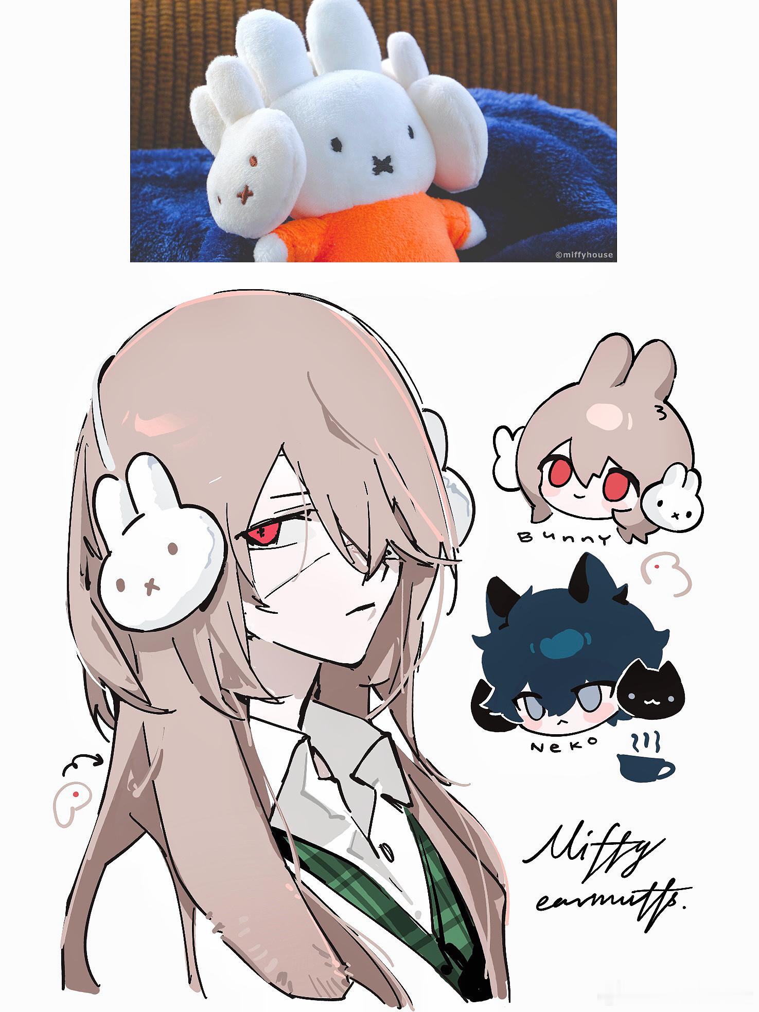 給miffy戴miffy耳罩的官圖好爆笑（）忍不住畫了明智🐰🐰🐰給貓也畫了