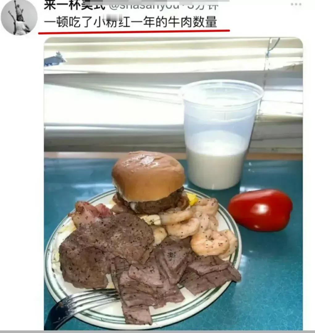 润人又在网上炫耀在美国的幸福生活了。这一顿，有好多牛肉，还有面包，牛奶，西红柿…