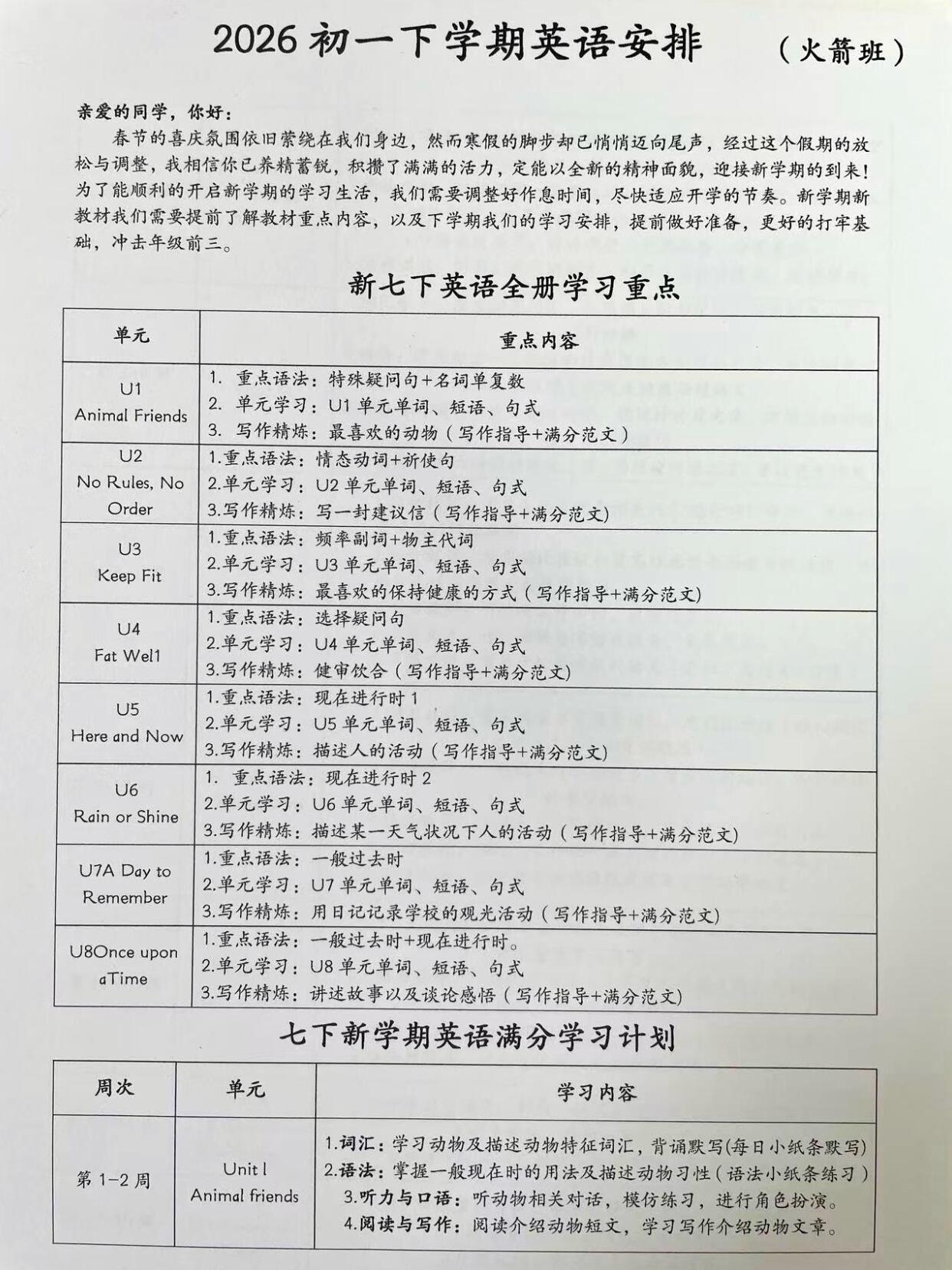 火箭班发的初一下英语每周安排指南