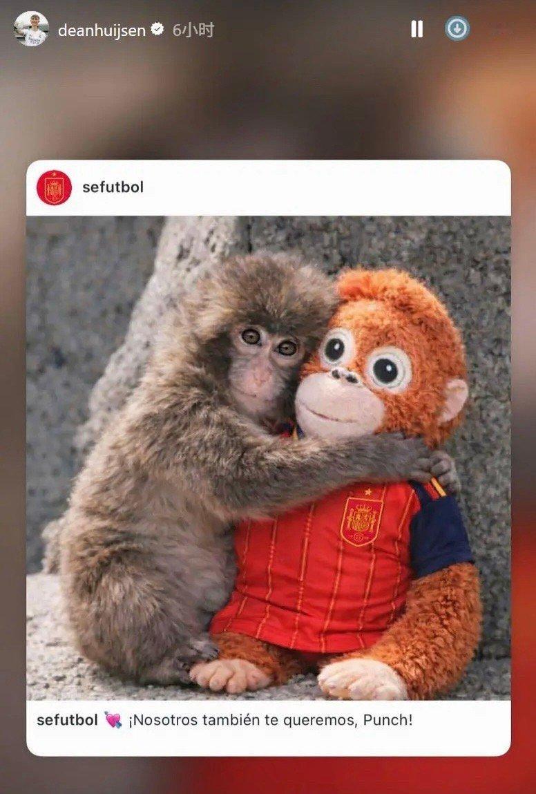 皇马后卫赫伊森更新自己的社媒，转发了西班牙队关爱日本小猴子的内容。