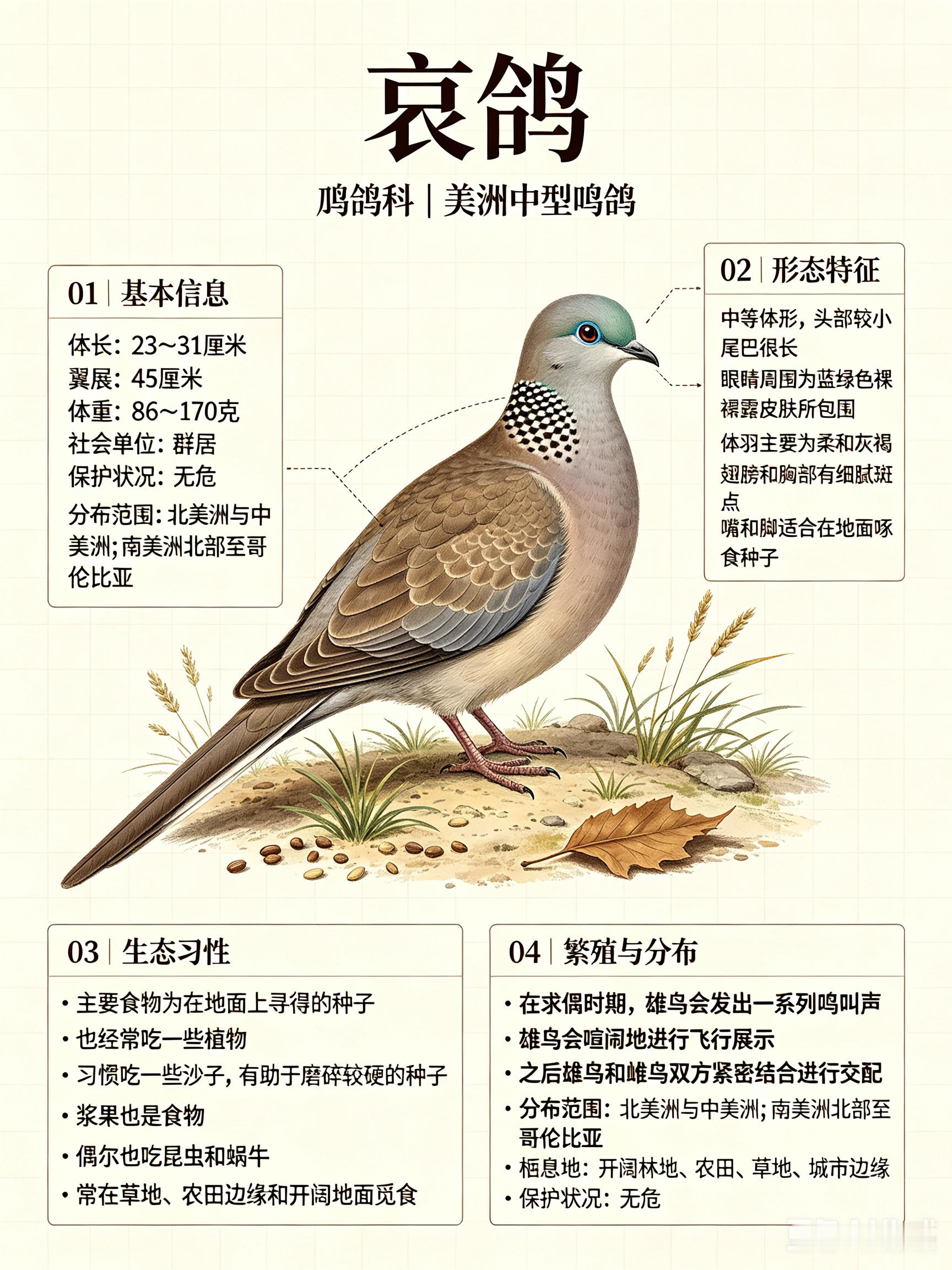 鸟类朋友图鉴 哀鸽体长：23~31 厘米翼展：45 厘米体重：86~170 克社