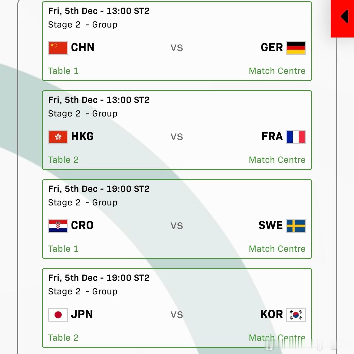 2025成都混合团体世界杯 12月5日赛程13:00（ST2）1号桌：中国 vs